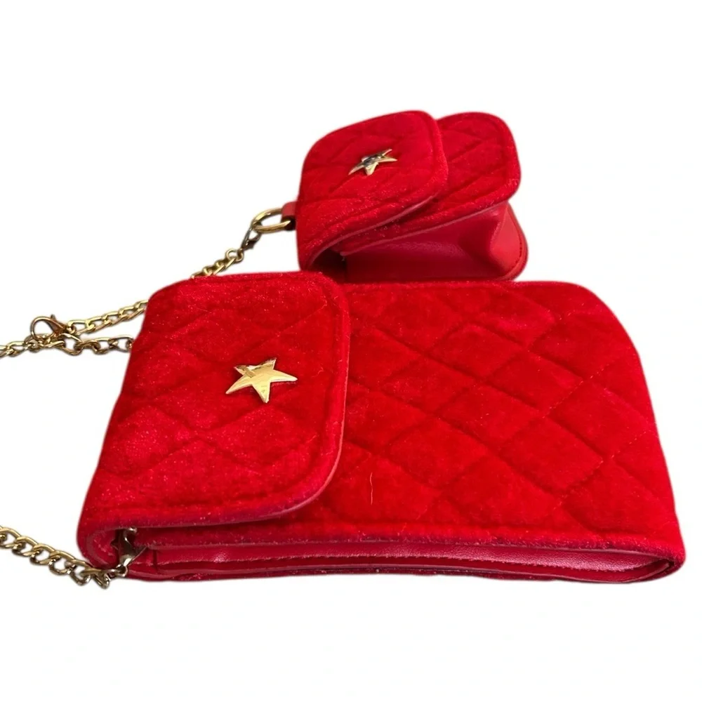 Red Velveteen Mini Purse Set Phone and Coin Case and Chain by Original Marines